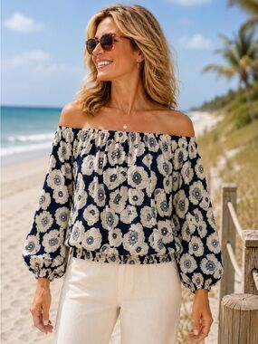 Jones NY Off the Shoulder Top Petite M Navy Cream Floral Peasant Blouse Boho